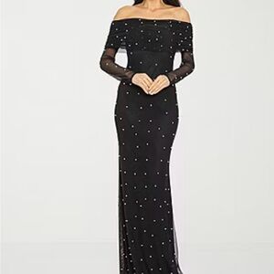 Elegant Black Off-Shoulder Evening Dress with pearls